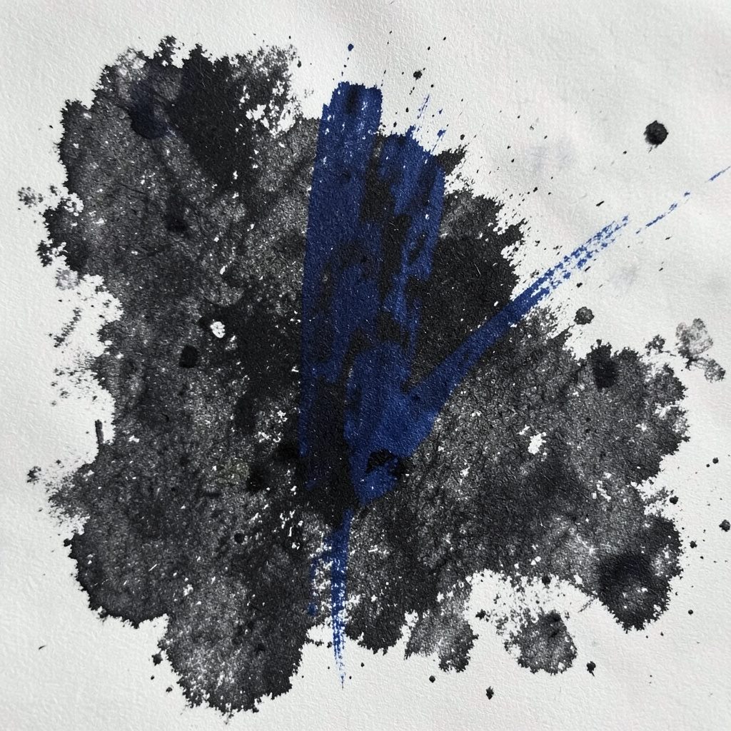 Composición abstracta en tonos violeta profundo y gris carbón, con formas orgánicas que evocan un paisaje cultural contemporáneo
