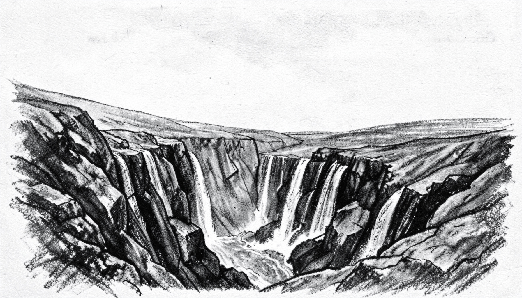 Paisaje sobrio en carboncillo gris con acantilados rocosos, cascadas y un horizonte amplio y despejado